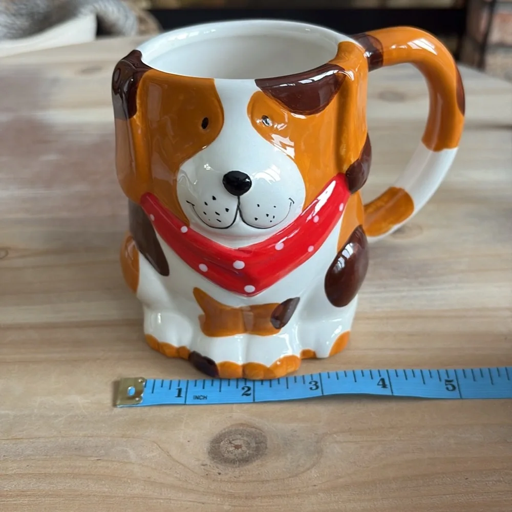 Vintage Pier 1 One Brown & White Dog w/Red Bandanna Earthenware Mug cup 16 oz